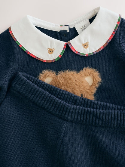 |BabyBoy| Conjunto De Tricô Para Bebê: Blusão Azul-Marinho Com Estampa De Urso e Legging (0 meses a 2 anos)
