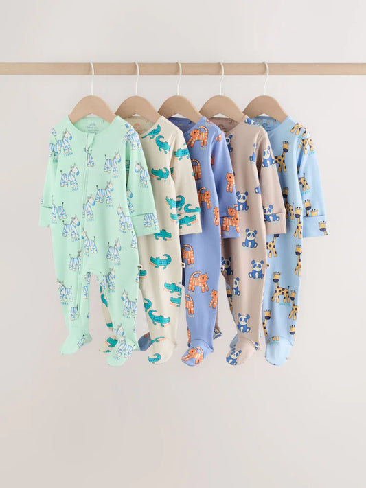 |BabyBoy| Kit Com 5 Macacões De Bebé com Estampado de Animais e Fecho Bidirecional (Azul, 0 aos 2 anos)