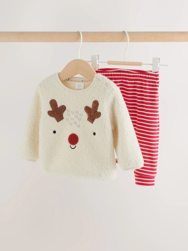 |BabyGirl| Conjunto De Blusa De Fleece e Legging Com Estampa De Rena – Tons Neutros (0 meses a 2 anos)