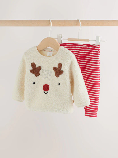 |BabyGirl| Conjunto De Blusa De Fleece e Legging Com Estampa De Rena – Tons Neutros (0 meses a 2 anos)