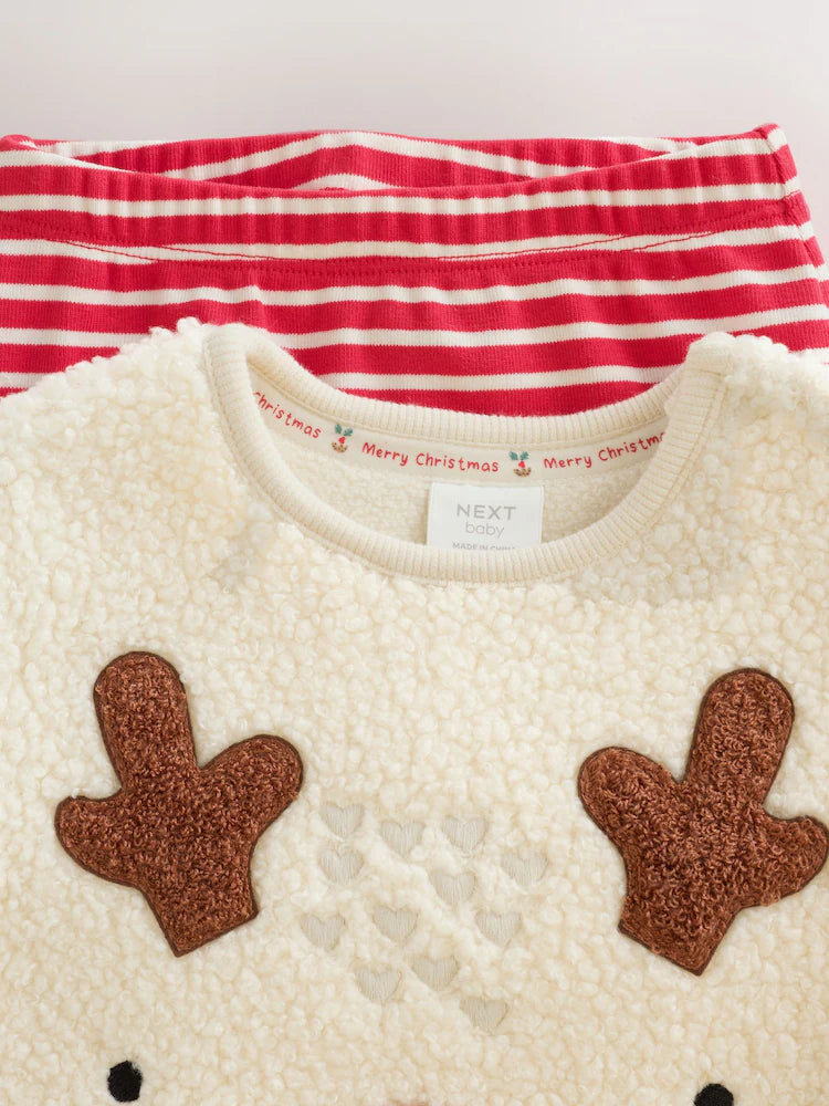 |BabyGirl| Conjunto De Blusa De Fleece e Legging Com Estampa De Rena – Tons Neutros (0 meses a 2 anos)