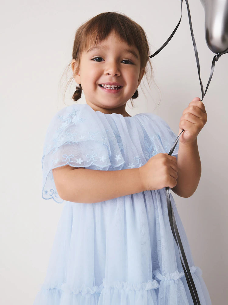 |Girl| Vestido De Festa Com Capa de Tule Bordado Azul-Pastel (3 meses a 8 anos)