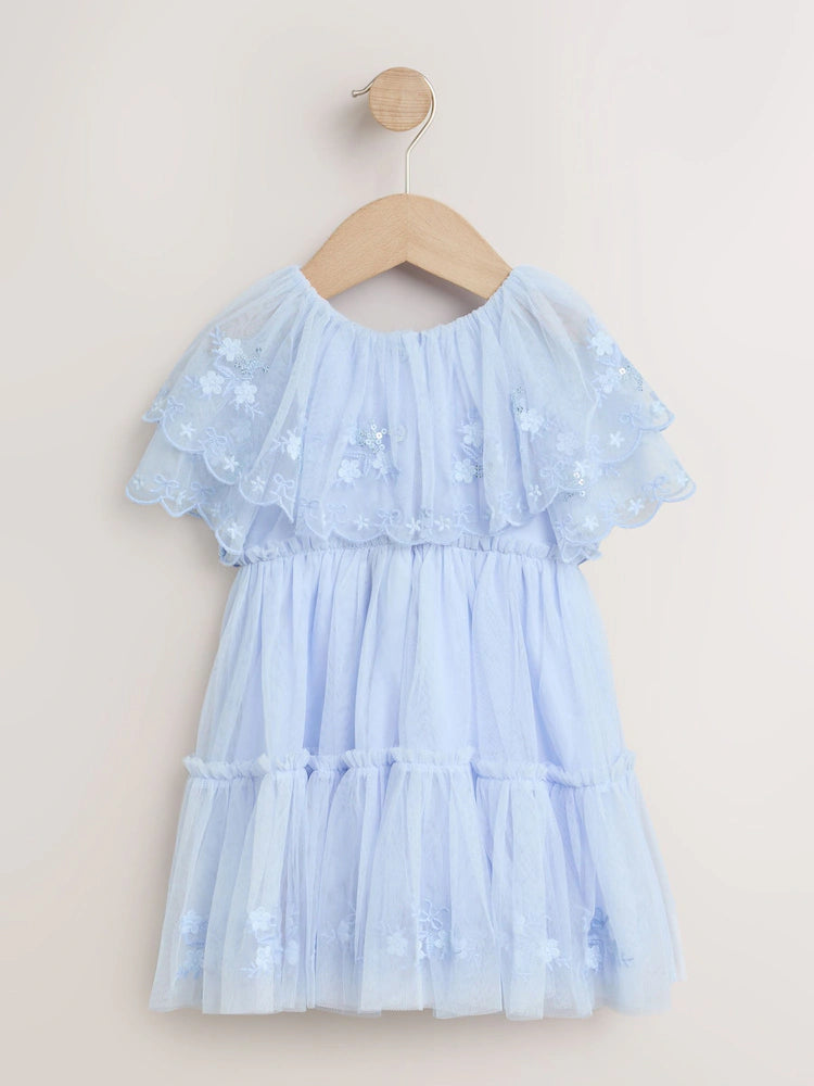 |Girl| Vestido De Festa Com Capa de Tule Bordado Azul-Pastel (3 meses a 8 anos)