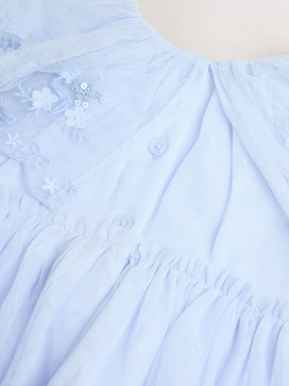 |Girl| Vestido De Festa Com Capa de Tule Bordado Azul-Pastel (3 meses a 8 anos)