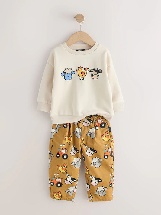 |Boy| Conjunto De Blusa De Manga Longa e Calça Farm Na Cor Marrom-Bronzeado (3 meses a 7 anos)