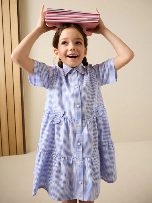 |BigGirl| Vestido Escolar Utilitário Azul Em Algodão Rico Com Laço e Estampa Xadrez (3-14 anos)