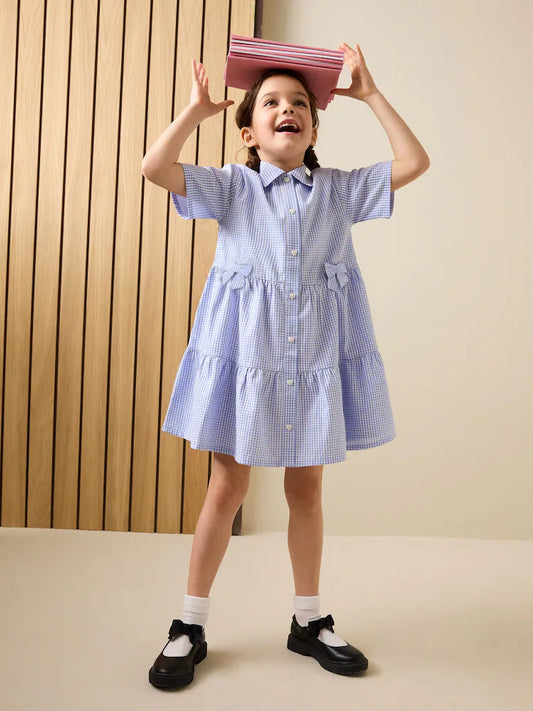 |BigGirl| Vestido Escolar Utilitário Azul Em Algodão Rico Com Laço e Estampa Xadrez (3-14 anos)