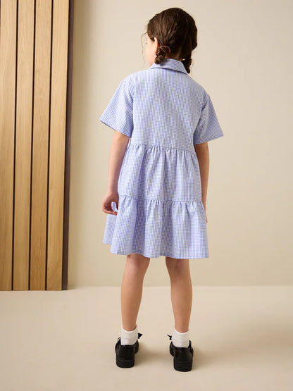 |BigGirl| Vestido Escolar Utilitário Azul Em Algodão Rico Com Laço e Estampa Xadrez (3-14 anos)
