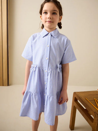 |BigGirl| Vestido Escolar Utilitário Azul Em Algodão Rico Com Laço e Estampa Xadrez (3-14 anos)