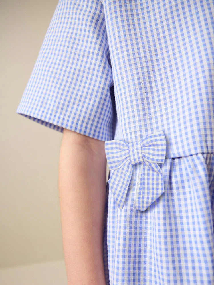 |BigGirl| Vestido Escolar Utilitário Azul Em Algodão Rico Com Laço e Estampa Xadrez (3-14 anos)