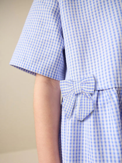 |BigGirl| Vestido Escolar Utilitário Azul Em Algodão Rico Com Laço e Estampa Xadrez (3-14 anos)