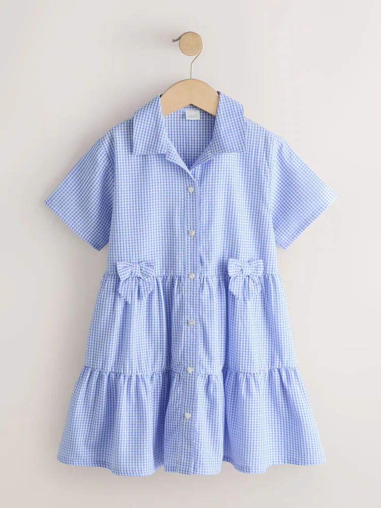 |BigGirl| Vestido Escolar Utilitário Azul Em Algodão Rico Com Laço e Estampa Xadrez (3-14 anos)