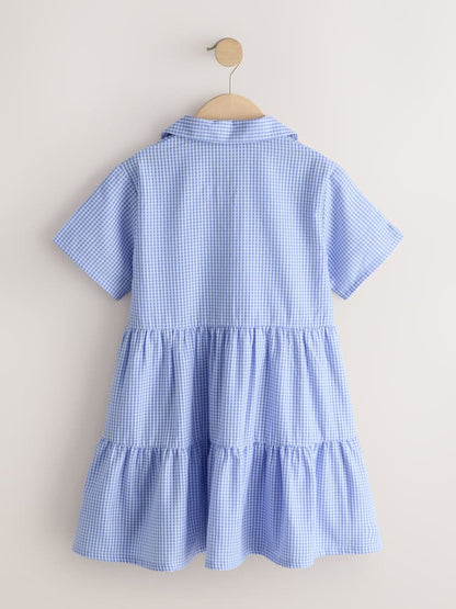 |BigGirl| Vestido Escolar Utilitário Azul Em Algodão Rico Com Laço e Estampa Xadrez (3-14 anos)