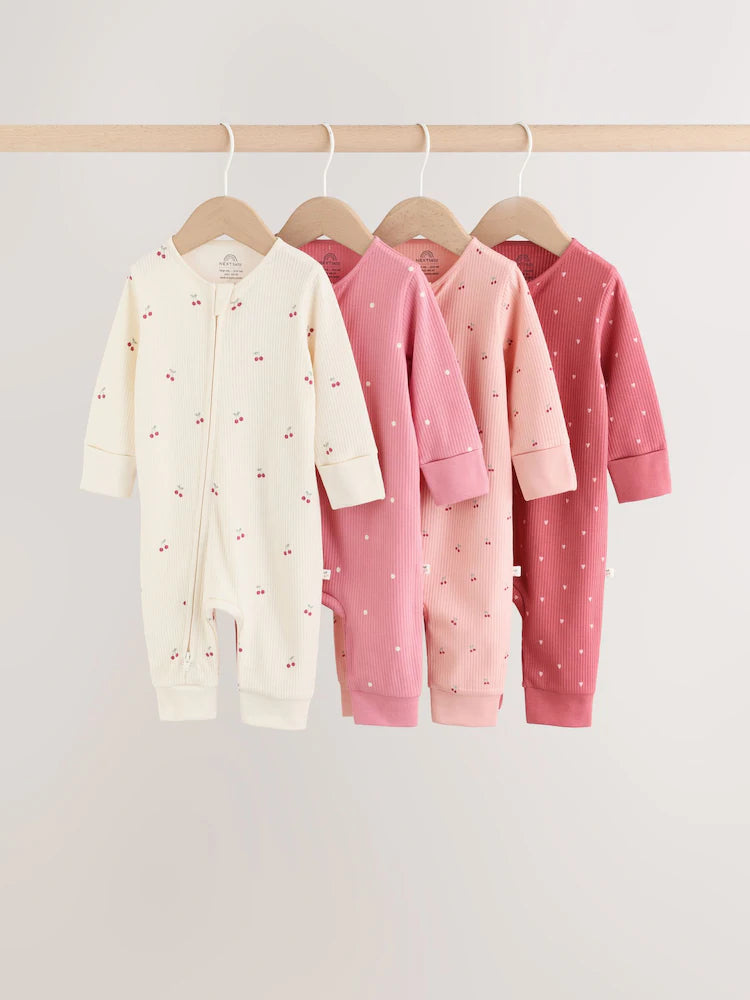 |BabyGirl| Kit Com 4 Macacões De Bebê Com Estampa De Cereja Rosa e Zíper Bidirecional (0 a 3 anos)