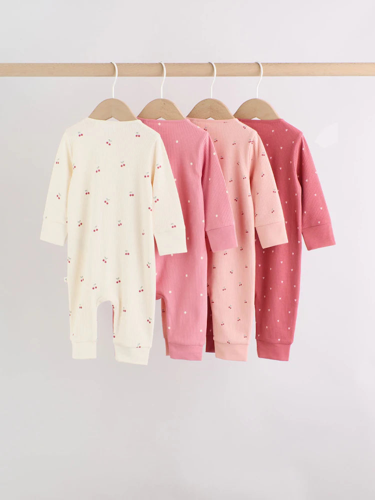|BabyGirl| Kit Com 4 Macacões De Bebê Com Estampa De Cereja Rosa e Zíper Bidirecional (0 a 3 anos)