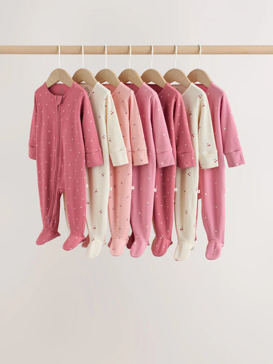|BabyGirl| Kit Com 7 Macacões de Bebê Rosa com Estampa de Cereja (0 meses a 3 anos)