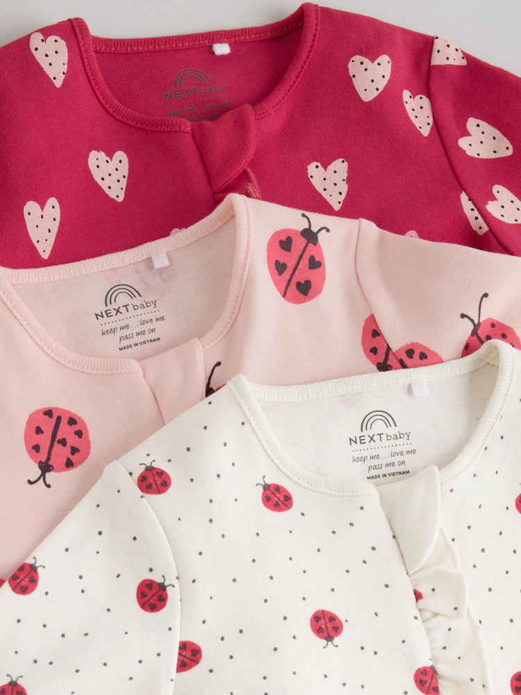 |BabyGirl| Kit com 3 Macacões de Bebê Vermelhos com Estampa de Joaninha e Zíper Bidirecional (0 meses a 3 anos)