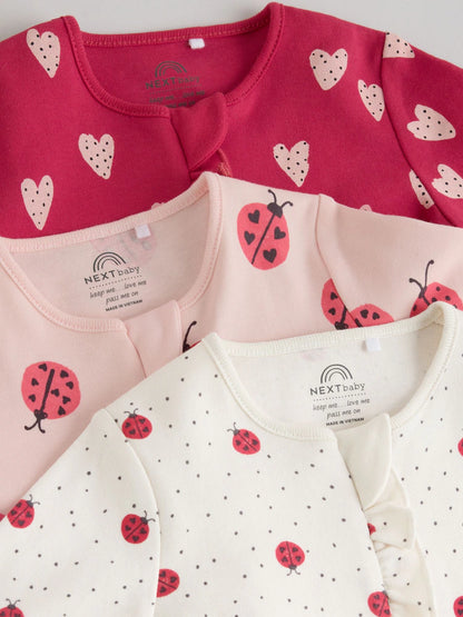 |BabyGirl| Kit com 3 Macacões de Bebê Vermelhos com Estampa de Joaninha e Zíper Bidirecional (0 meses a 3 anos)