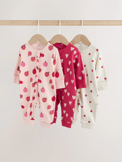 |BabyGirl| Kit com 3 Macacões de Bebê Vermelhos com Estampa de Joaninha e Zíper Bidirecional (0 meses a 3 anos)