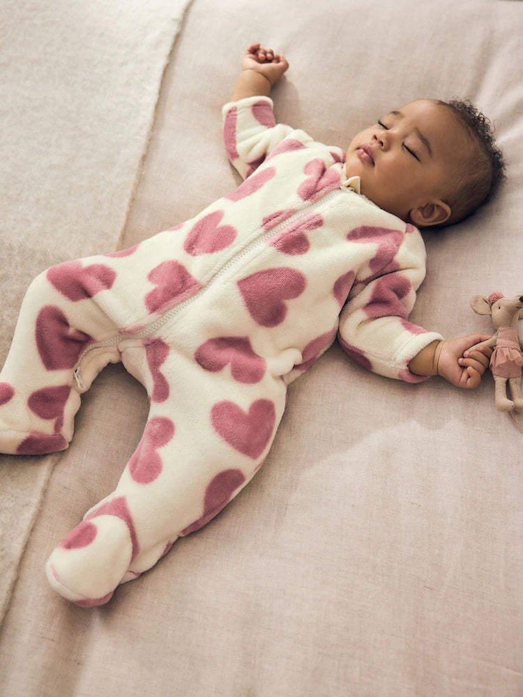 |BabyGirl| Macacão de Fleece com Zíper Bidirecional e Estampa de Corações (Cru/Rosa)