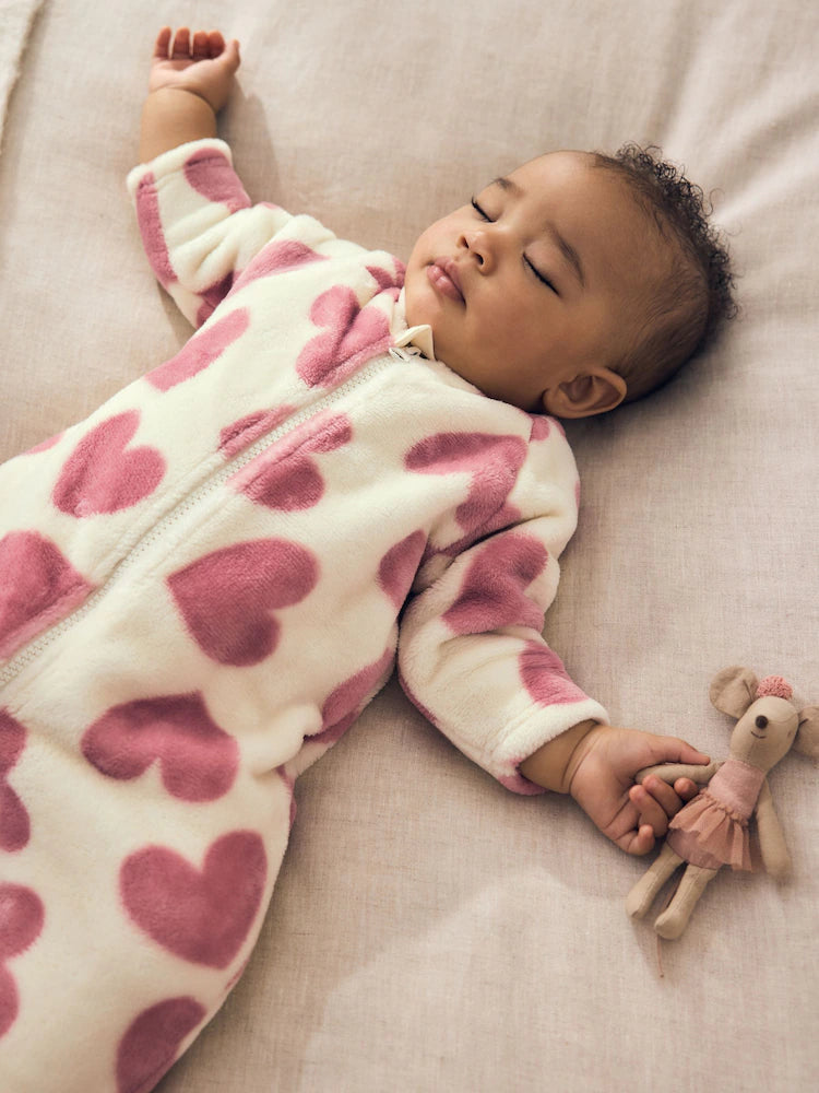 |BabyGirl| Macacão de Fleece com Zíper Bidirecional e Estampa de Corações (Cru/Rosa)