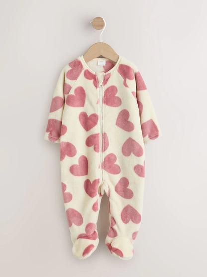 |BabyGirl| Macacão de Fleece com Zíper Bidirecional e Estampa de Corações (Cru/Rosa)