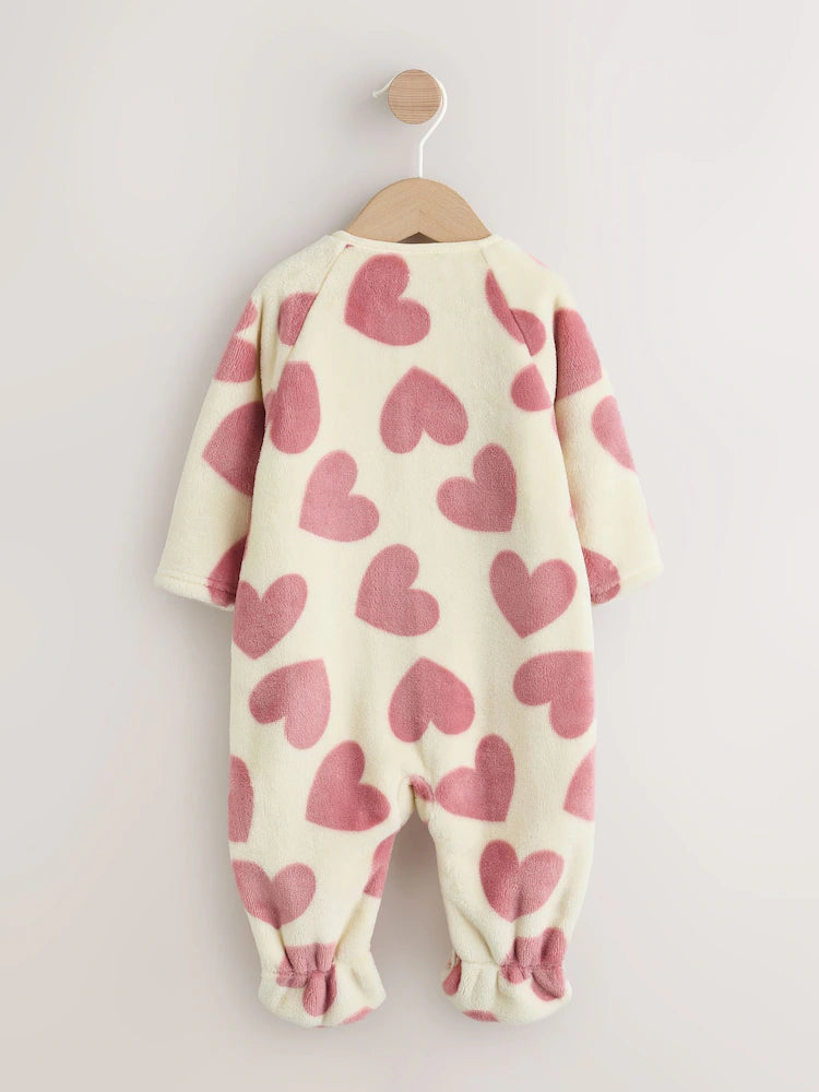 |BabyGirl| Macacão de Fleece com Zíper Bidirecional e Estampa de Corações (Cru/Rosa)