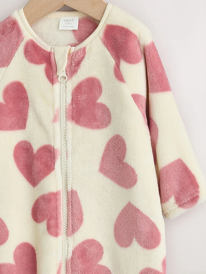 |BabyGirl| Macacão de Fleece com Zíper Bidirecional e Estampa de Corações (Cru/Rosa)