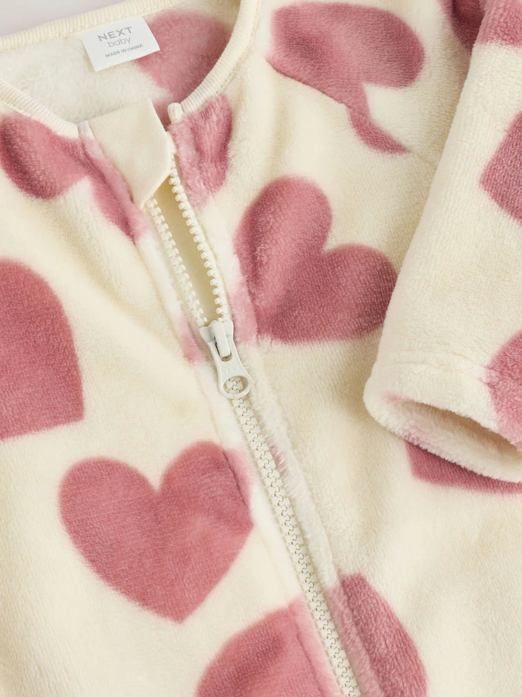 |BabyGirl| Macacão de Fleece com Zíper Bidirecional e Estampa de Corações (Cru/Rosa)