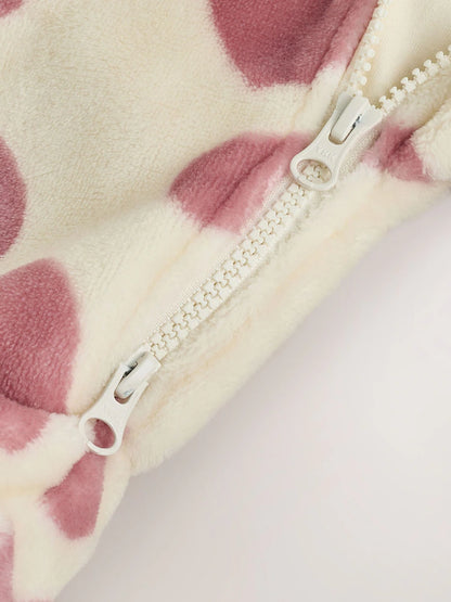 |BabyGirl| Macacão de Fleece com Zíper Bidirecional e Estampa de Corações (Cru/Rosa)