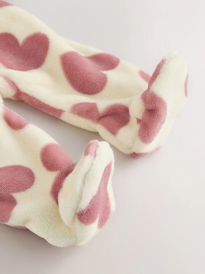 |BabyGirl| Macacão de Fleece com Zíper Bidirecional e Estampa de Corações (Cru/Rosa)