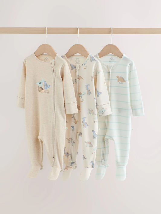 |BabyBoy| Kit com 3 Macacões de Bebê Unissex com Estampa de Dinossauro e Zíper Bidirecional (0 a 2 anos)