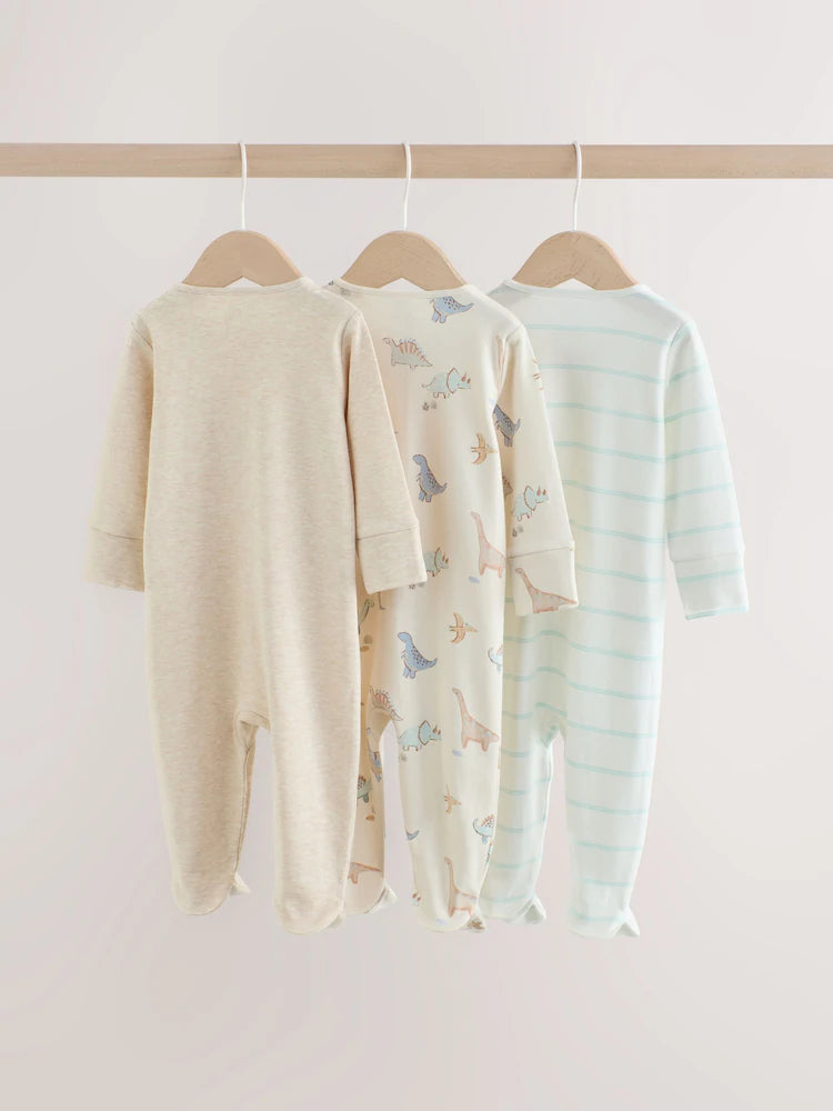 |BabyBoy| Kit com 3 Macacões de Bebê Unissex com Estampa de Dinossauro e Zíper Bidirecional (0 a 2 anos)