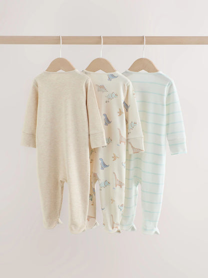 |BabyBoy| Kit com 3 Macacões de Bebê Unissex com Estampa de Dinossauro e Zíper Bidirecional (0 a 2 anos)