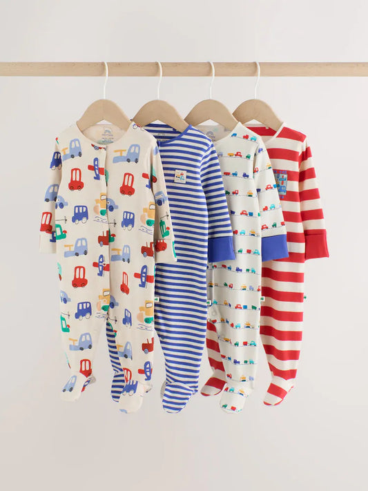 |BabyBoy| Kit Com 4 Macacões De Bebê Com Estampa de Transportes e Zíper Bidirecional (0 meses a 2 anos)