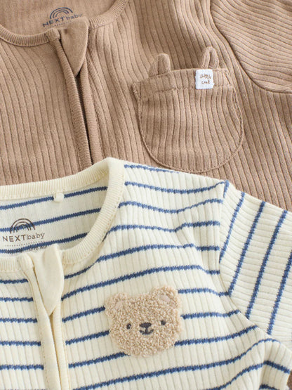 |BabyBoy| Kit com 7 Macacões de Bebê (Neutros/Urso Marrom) com Zíper Bidirecional (0 meses a 2 anos)
