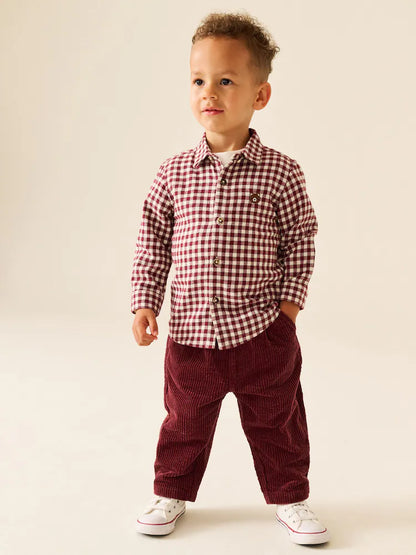 |Boy| Calça de Veludo Cotelê Texturizado Vermelho-Bordô, Modelagem Barrel Leg e Cós Elástico (3 meses a 7 anos)