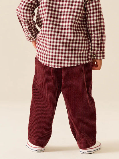 |Boy| Calça de Veludo Cotelê Texturizado Vermelho-Bordô, Modelagem Barrel Leg e Cós Elástico (3 meses a 7 anos)