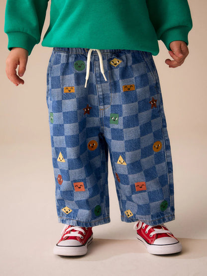 |Boy| Calça Jeans de Modelagem Larga com Estampa de Xadrez e Bordado por Toda a Peça – Azul-Médio (3 meses a 7 anos)