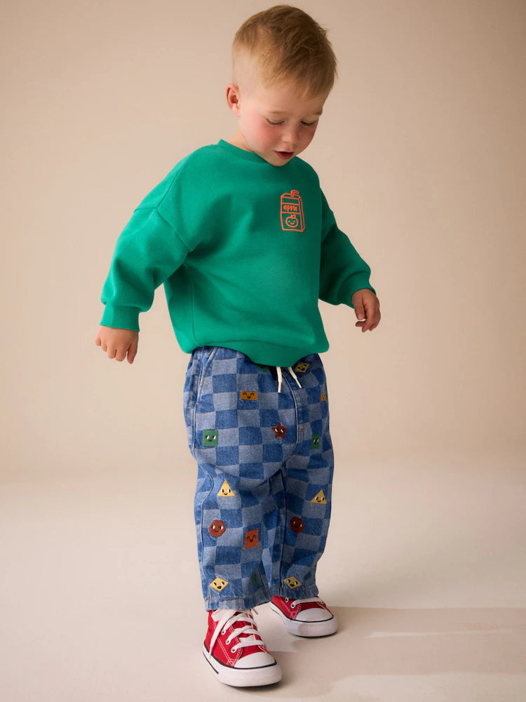 |Boy| Calça Jeans de Modelagem Larga com Estampa de Xadrez e Bordado por Toda a Peça – Azul-Médio (3 meses a 7 anos)