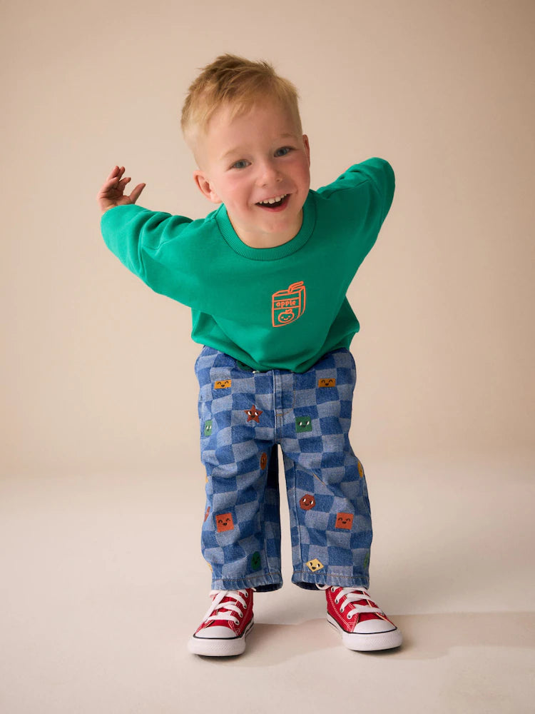 |Boy| Calça Jeans de Modelagem Larga com Estampa de Xadrez e Bordado por Toda a Peça – Azul-Médio (3 meses a 7 anos)