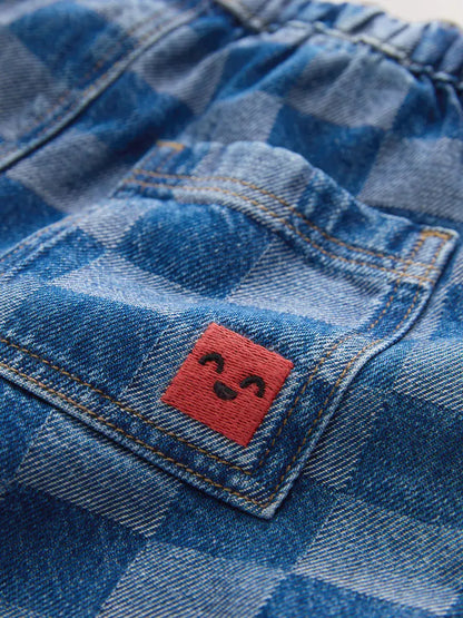 |Boy| Calça Jeans de Modelagem Larga com Estampa de Xadrez e Bordado por Toda a Peça – Azul-Médio (3 meses a 7 anos)