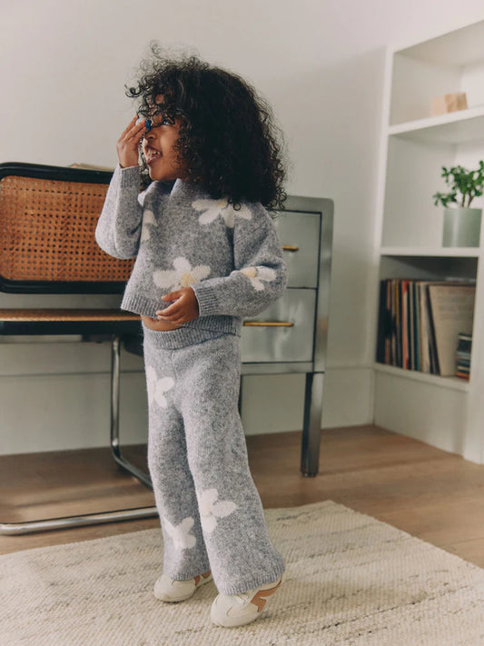 |Girl| Conjunto De Blusa e Calça Cinza Com Estampa De Margaridas (3 meses a 7 anos)