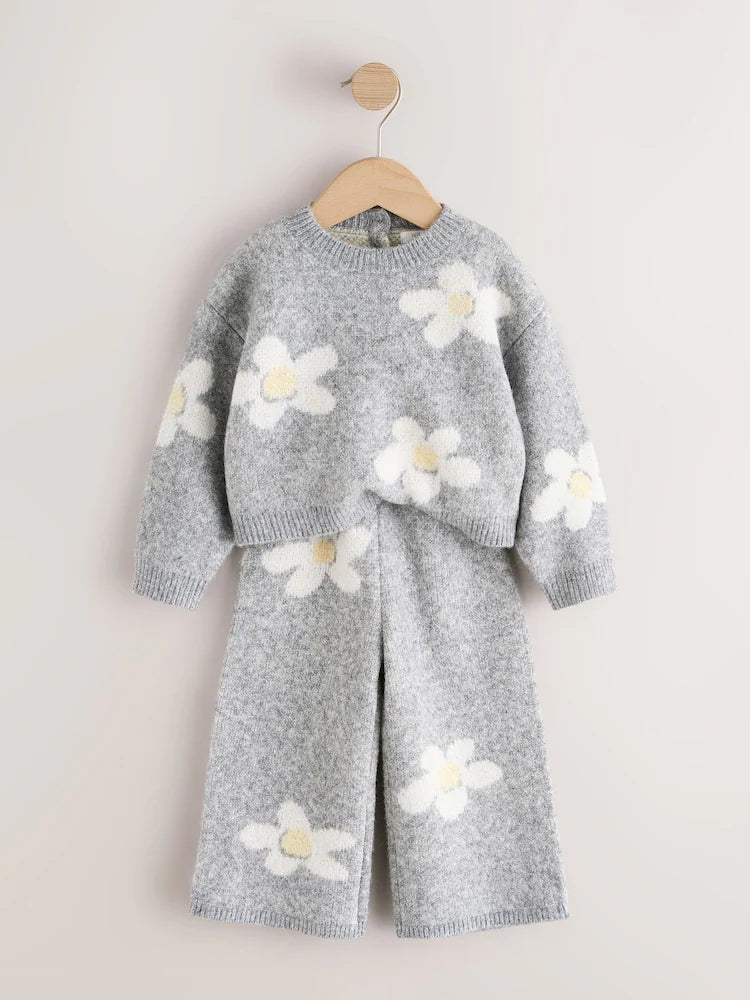 |Girl| Conjunto De Blusa e Calça Cinza Com Estampa De Margaridas (3 meses a 7 anos)