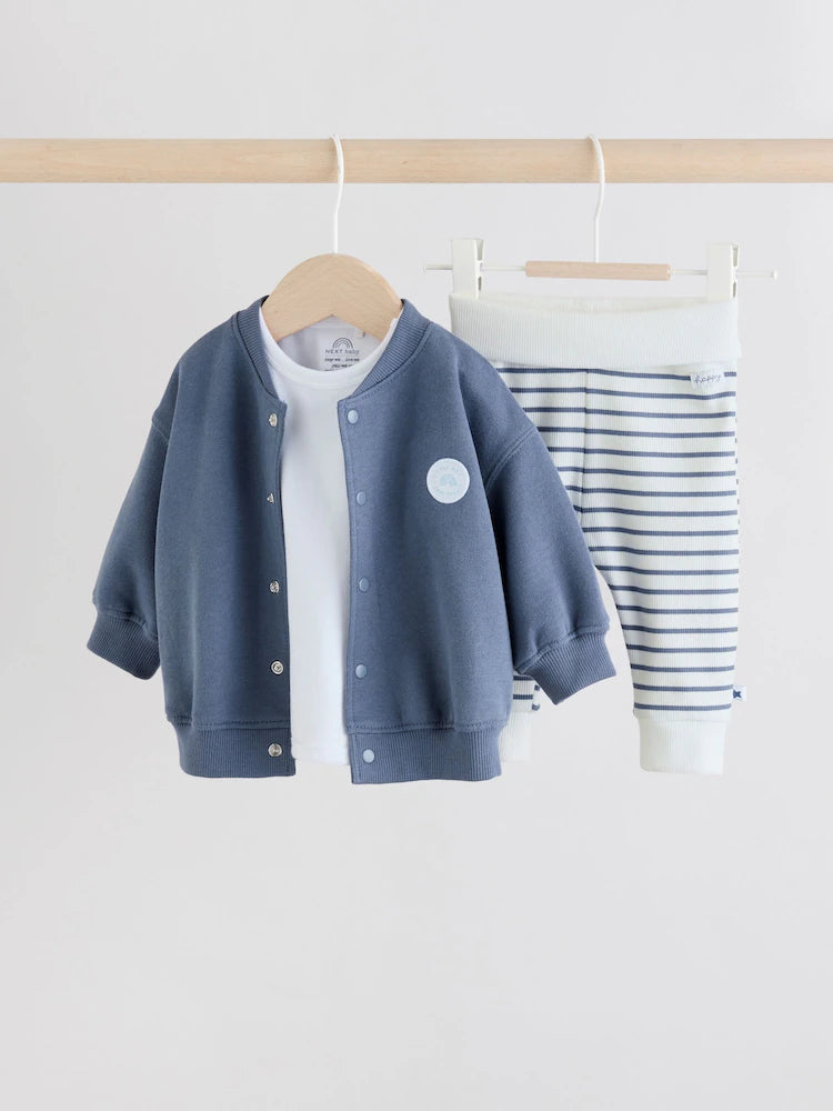 |BabyBoy| Conjunto De Bebê De 3 Peças Composto Por Jaqueta Azul De Malha, Body e Leggings (0 meses a 2 anos)