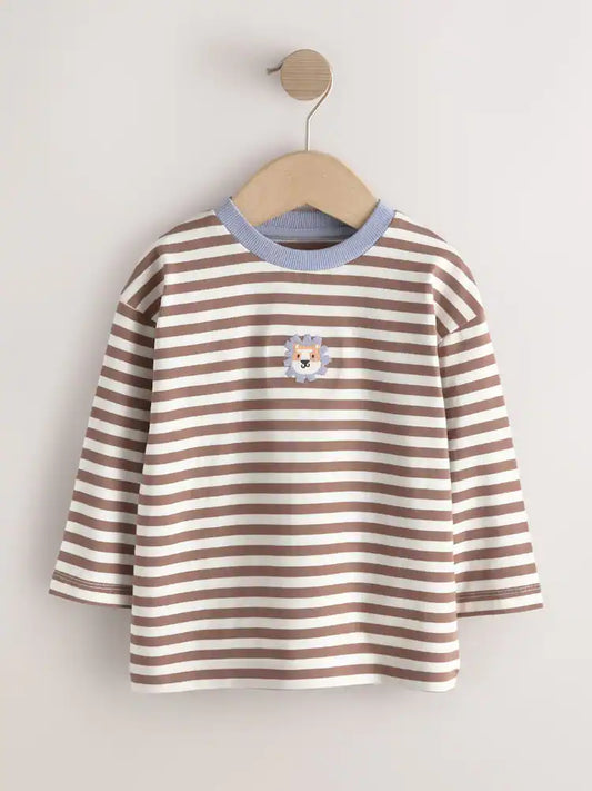 |Boy| Kit com 5 Camisetas de Manga Longa com Bordado de Animal (Marrom/Creme) – (3 meses a 7 anos)