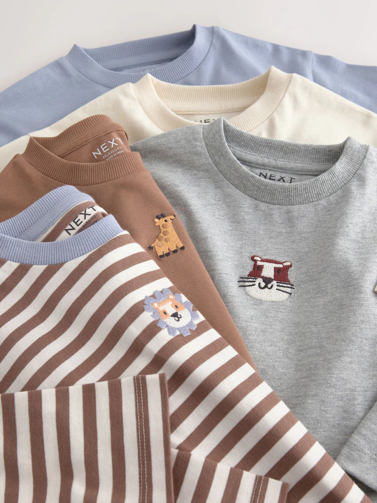 |Boy| Kit com 5 Camisetas de Manga Longa com Bordado de Animal (Marrom/Creme) – (3 meses a 7 anos)