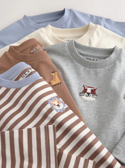 |Boy| Kit com 5 Camisetas de Manga Longa com Bordado de Animal (Marrom/Creme) – (3 meses a 7 anos)
