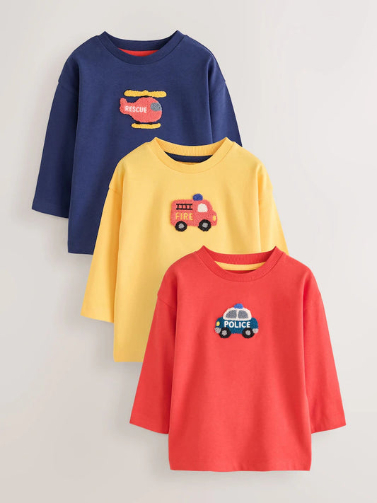 |Boy| Kit com 3 Camisetas de Manga Longa com Aplicação de Veículos Coloridos (3 meses a 7 anos)