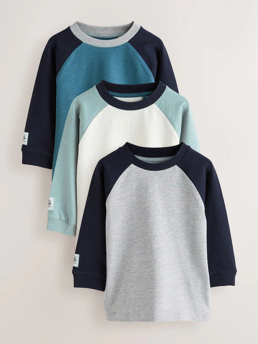 |Boy| Kit com 3 Camisetas Raglan de Manga Longa (Azul-marinho e Estampadas) – (3 meses a 7 anos)